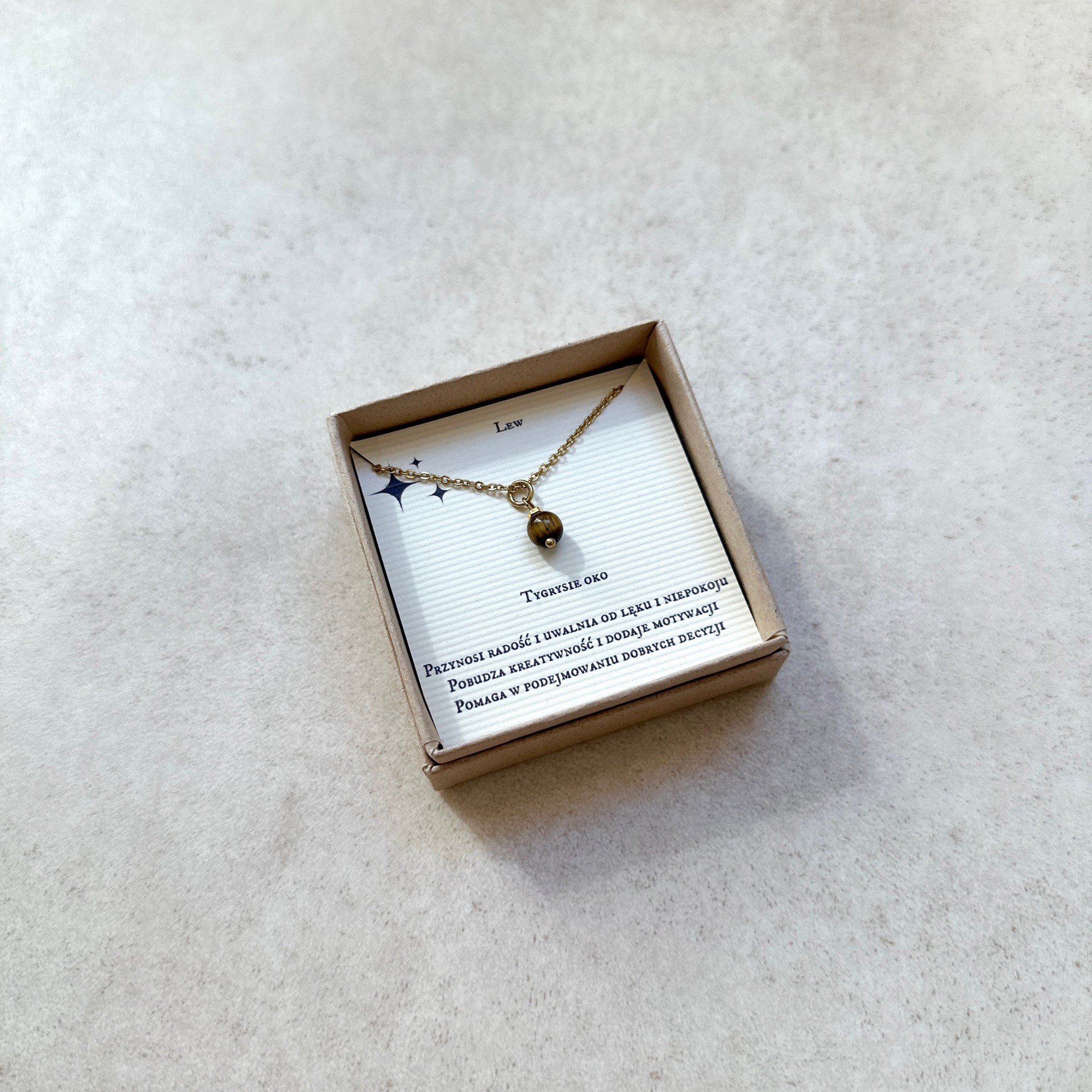 Naszyjnik zodiakalny – Lew – Tygrysie Oko – stal szlachetna pozłacana