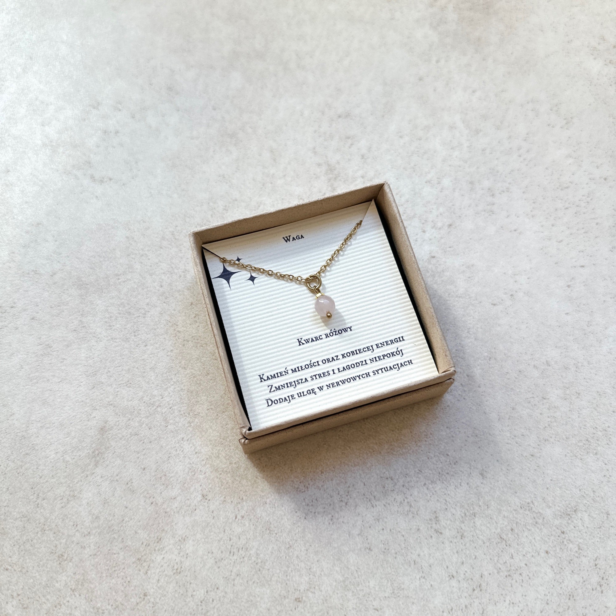 Naszyjnik zodiakalny – Waga – Kwarc Różowy – stal szlachetna pozłacana