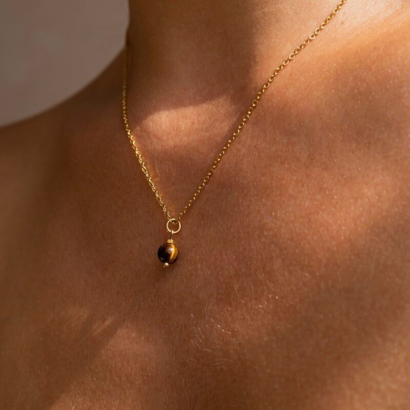 Naszyjnik zodiakalny - Lew - Tygrysie Oko - stal szlachetna pozłacana