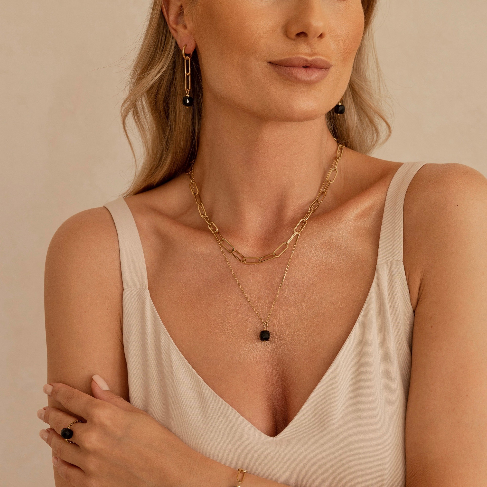 Podwójny naszyjnik Black balance  – Czarny Agat – stal szlachetna pozłacana