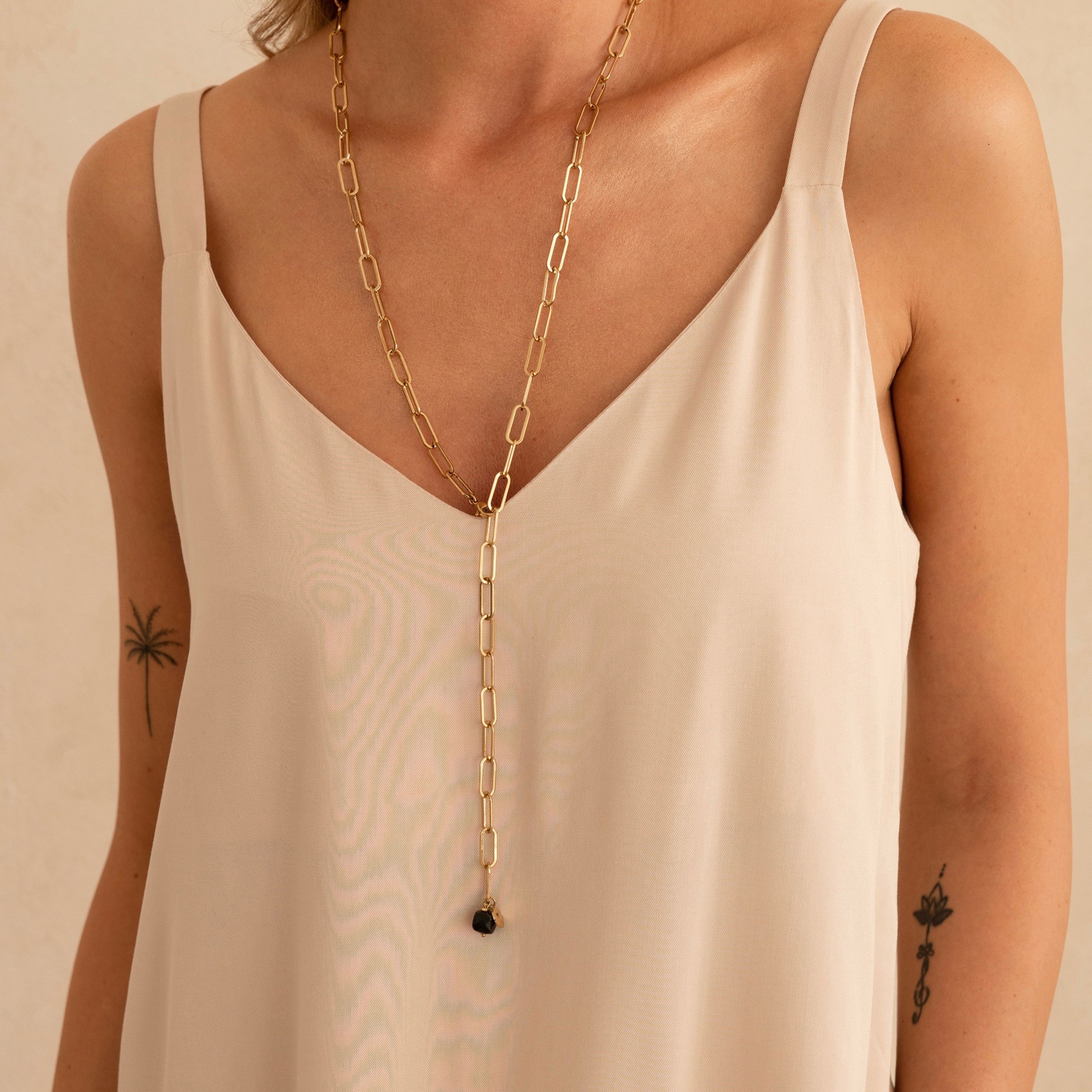 Długi naszyjnik „Black balance chain” – Agat Czarny – stal szlachetna pozłacana