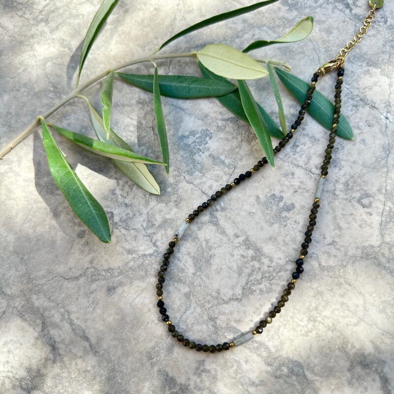 Naszyjnik typu choker "Olive garden" - Obsydian złocisty, Turmalin czarny, Labradoryt, Hematyt