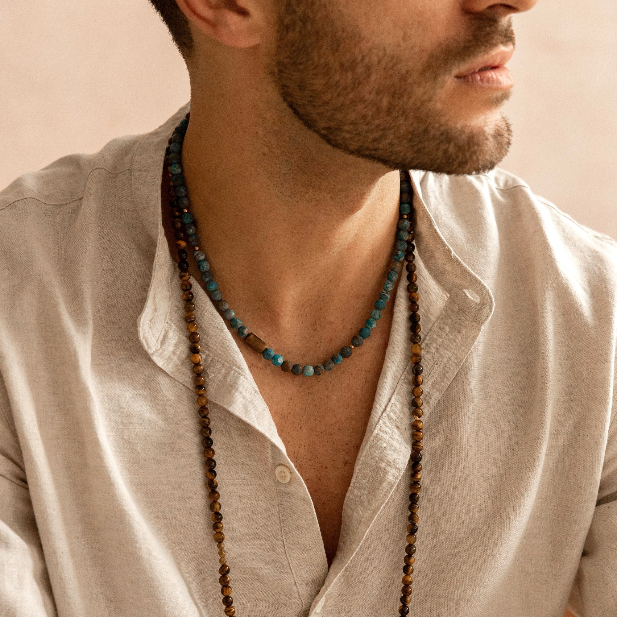 Naszyjnik „Blue Jasper” – Jaspis niebieski, Tygrysie oko, Hematyt