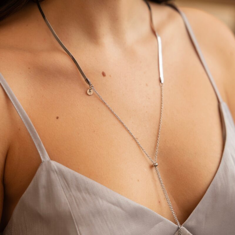 Naszyjnik "Long silk silver" - Turmalin czarny - stal szlachetna posrebrzana