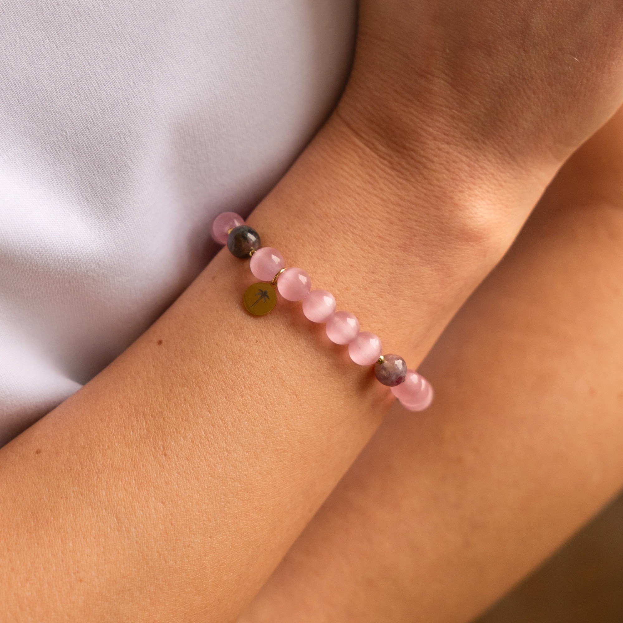 Bransoletka „Sweet kisses” – Turmalin różowy, Kwarc kocie oko