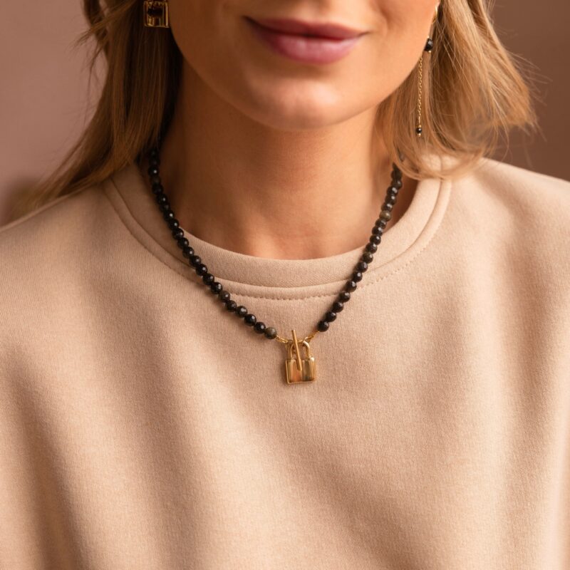 Naszyjnik z kłódką "Lock me" - Obsydian złocisty, naszyjnik z zapięciem toggle