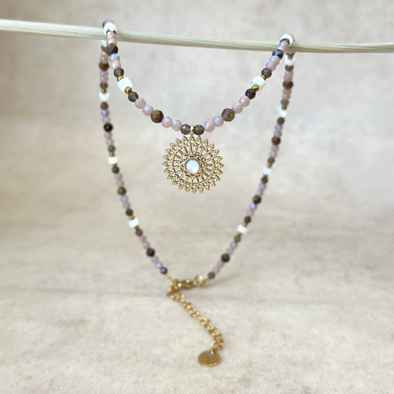 Naszyjnik "Boho Baby" - kamień słoneczny, tygrysie oko, masa perłowa, kwarc dymny, stal szlachetna