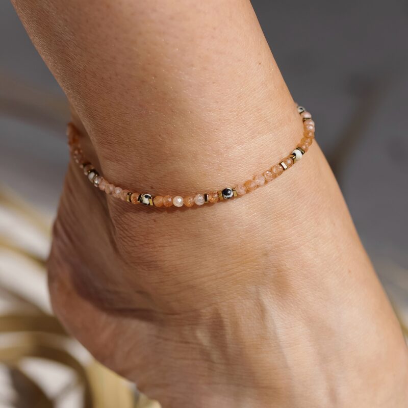 Bransoletka na nogę "Hot wave" - Kamień słoneczny, Jaspis dalmatyński, Hematyt