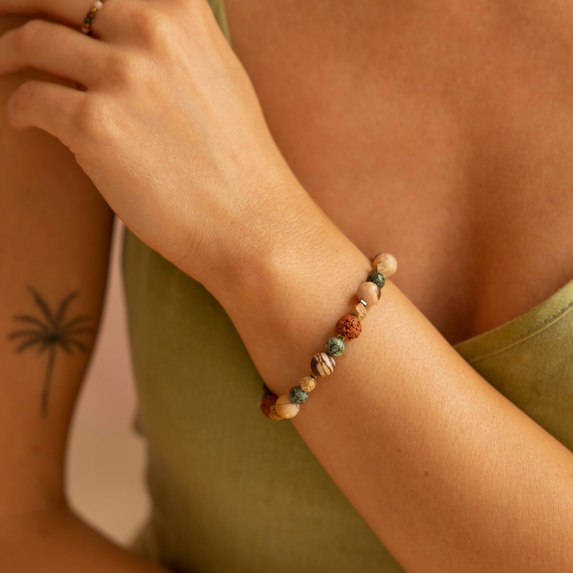 Bransoletka elastyczna „African” – Jaspis, lawa wulkaniczna, Turkus afrykański, Hematyt