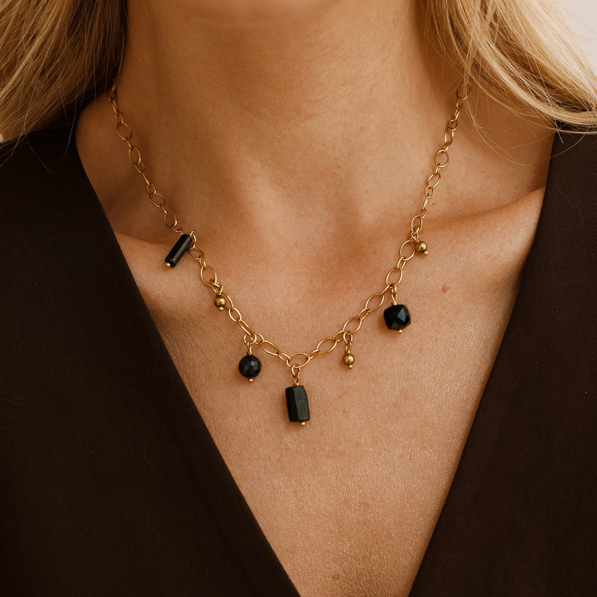 Naszyjnik Black Wave chain – stal szlachetna, Turmalin, Agat, Onyks, Szungit