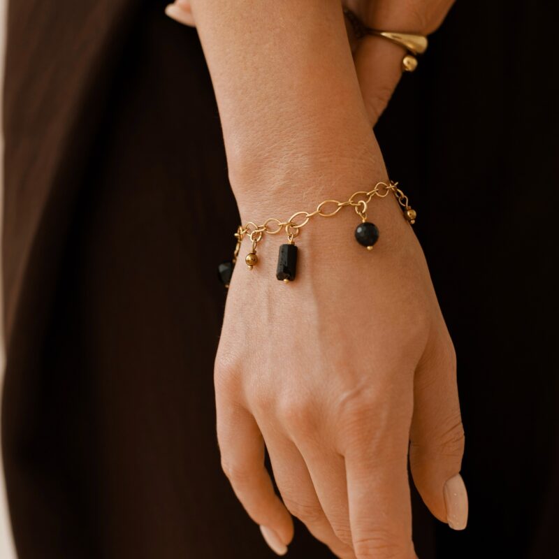 Bransoletka "Black Wave chain" - stal szlachetna, Onyks, Turmalin, Szungit, Agat