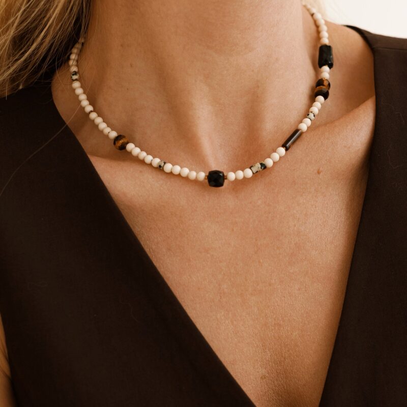 Naszyjnik "Black Wave" - Turmalin, Agat, Tygrysie oko, Jaspis dalmatyński