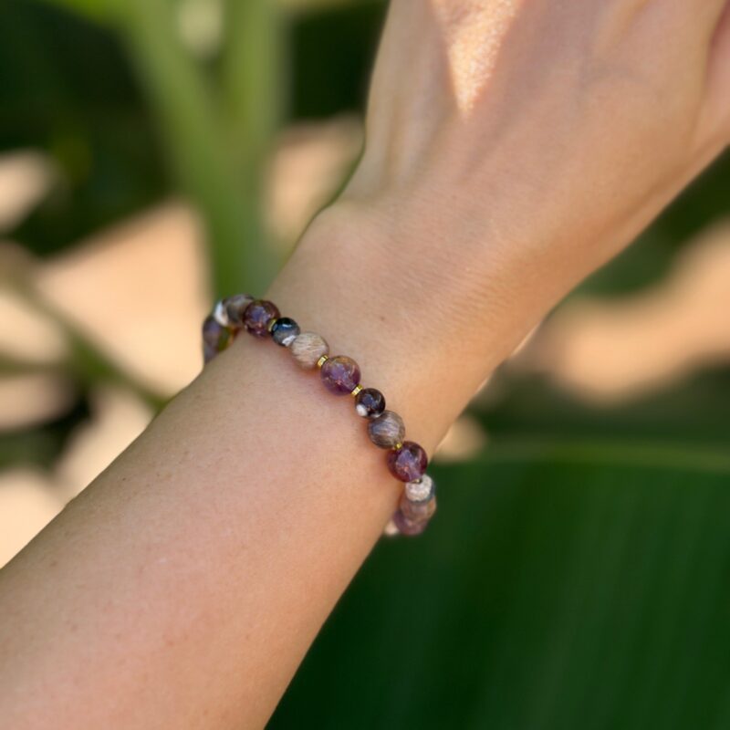 Bransoletka elastyczna "Golden vibe lila” - Ametryn, Kamień słoneczny, Agat