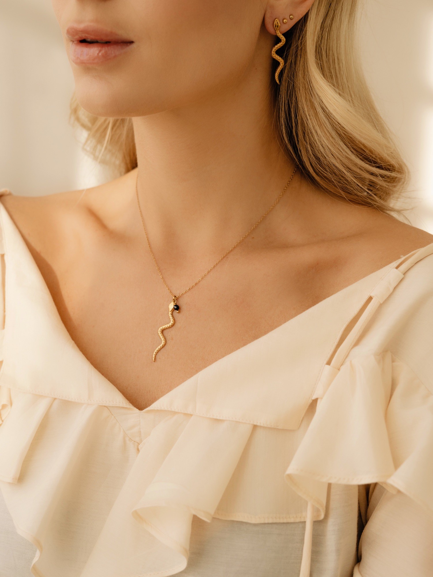 Łańcuszek Snake – Turmalin czarny, stal szlachetna