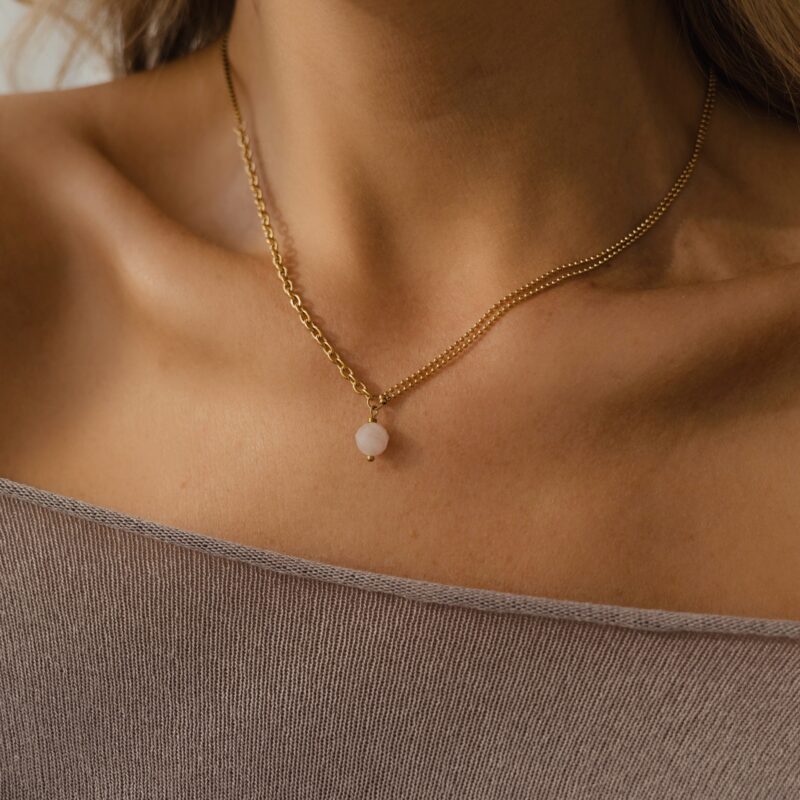 Naszyjnik "Dual love" - stal szlachetna, Kwarc różowy