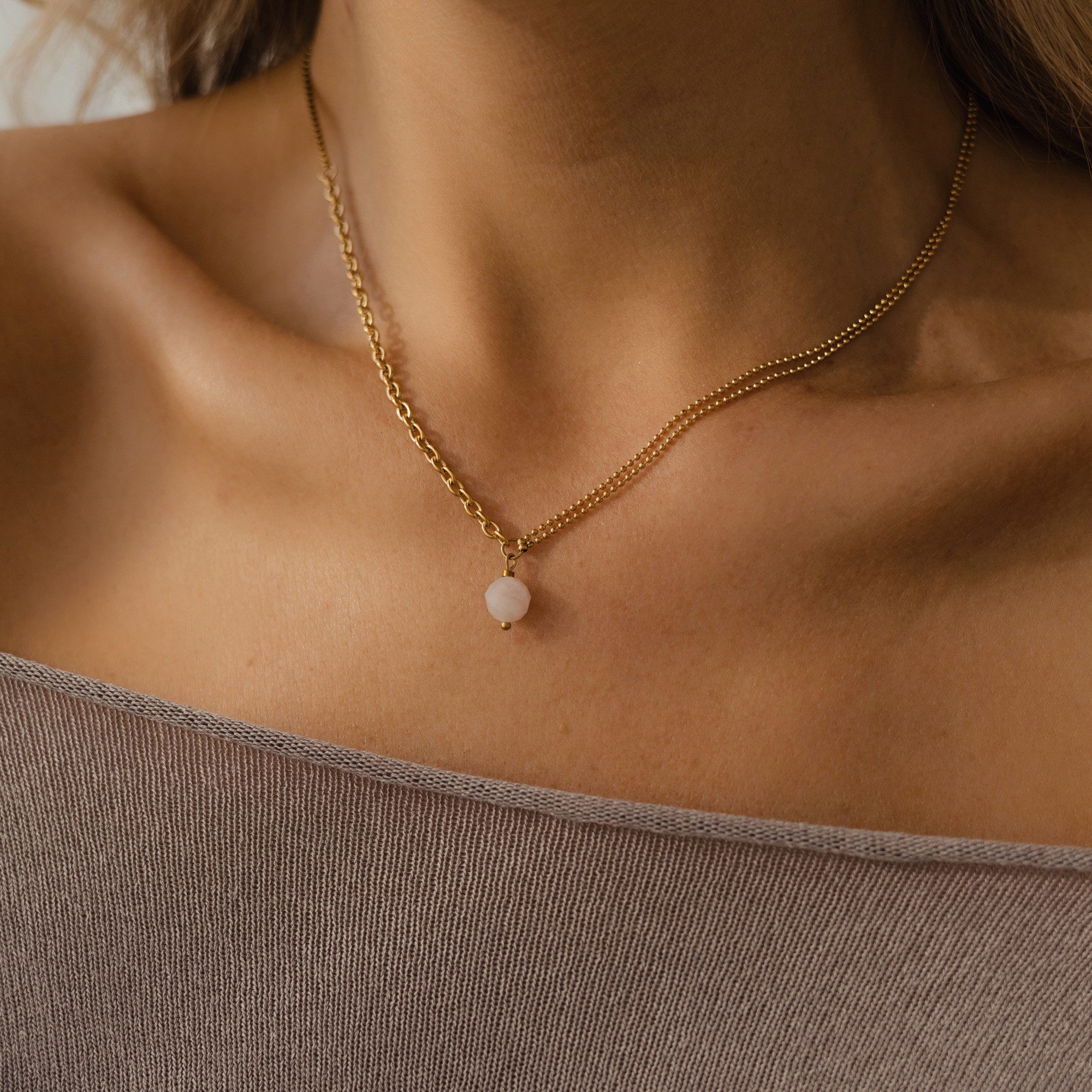 Naszyjnik Dual love – stal szlachetna, Kwarc różowy