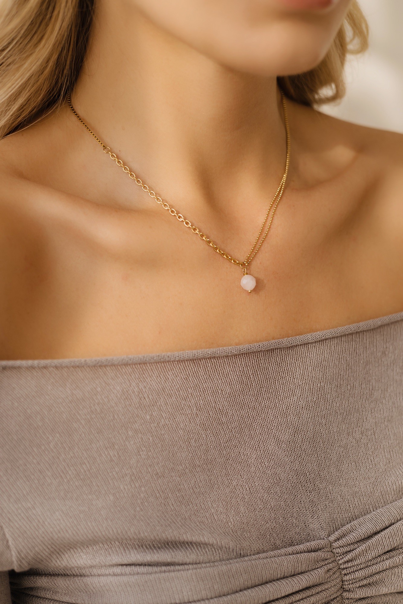 Naszyjnik Dual love – stal szlachetna, Kwarc różowy