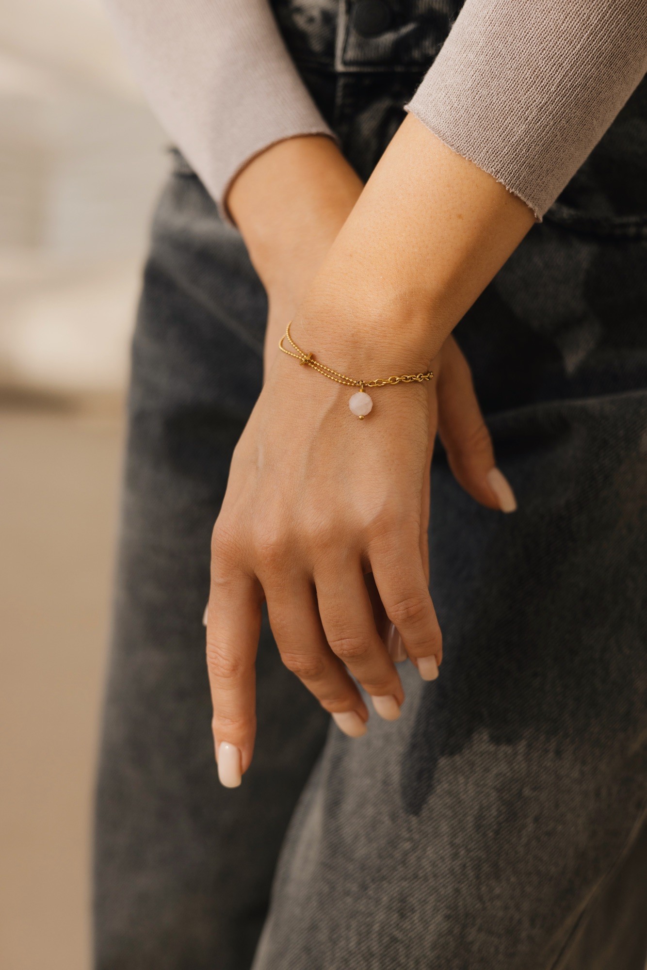 Bransoletka „Dual love” – stal szlachetna, Kwarc różowy