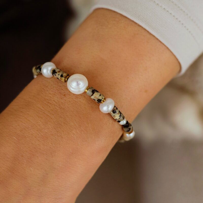 Bransoletka Pearl cozy - Perła słodkowodna, Jaspis dalmatyński, Turmalin czarny, Hematyt