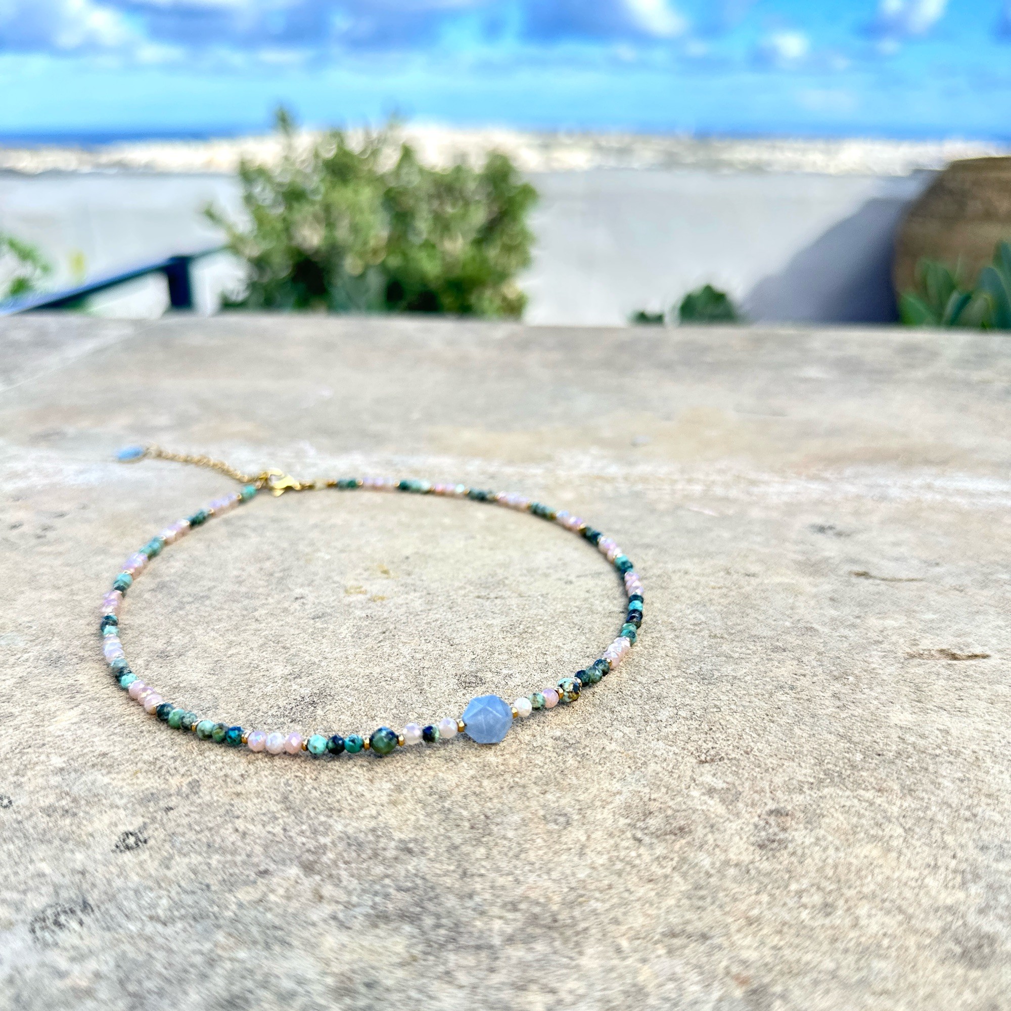 Naszyjnik typu choker Malta vibe – Akwamaryn, Jadeit, Kamień słoneczny, Turkus afrykański