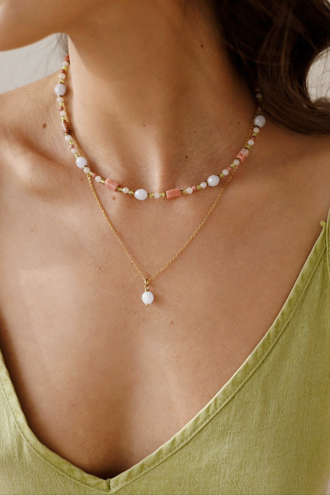 Naszyjnik typu choker Stability & Love – Rodonit, Kwarc różowy, Akwamaryn, Oliwin