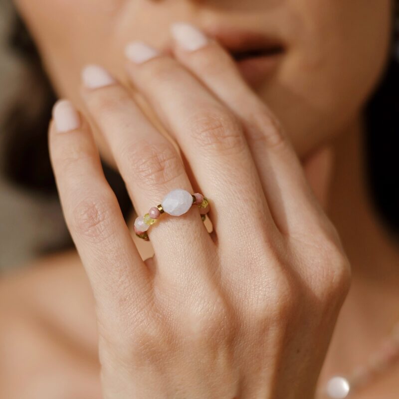 Pierścionek elastystyczny Stability & Love - Akwamaryn, Rodonit, Kwarc różowy, Oliwin