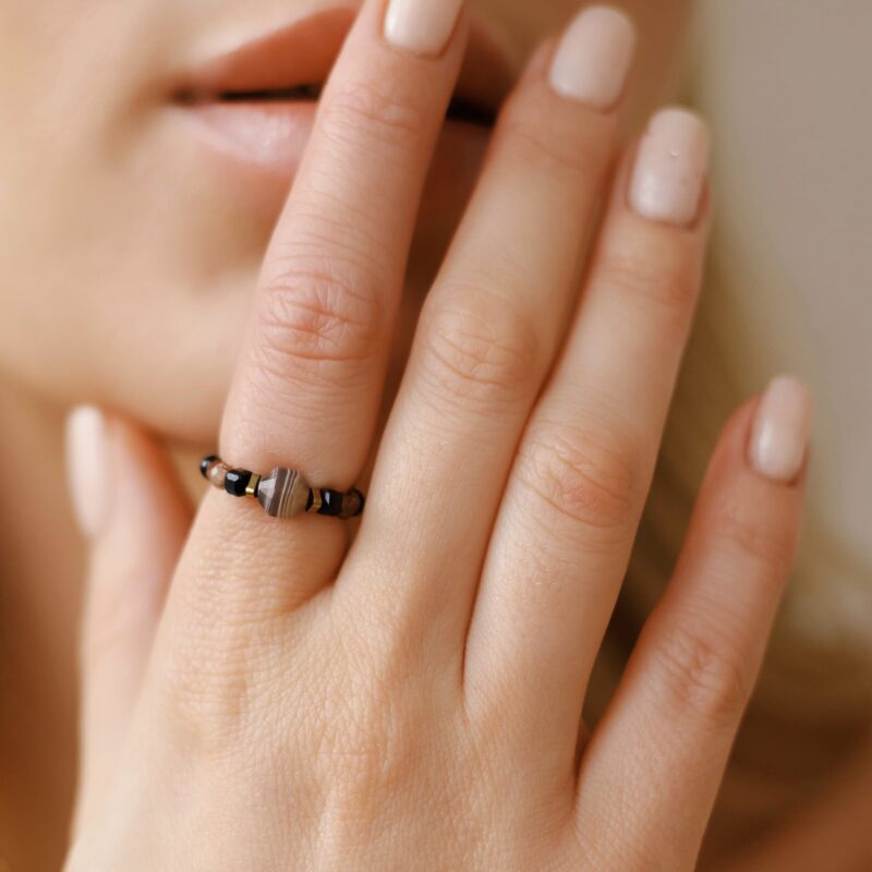 Pierścionek elastyczny Stop negativity - Turmalin czarny, Onyks, Cyrkon, Agat botswana