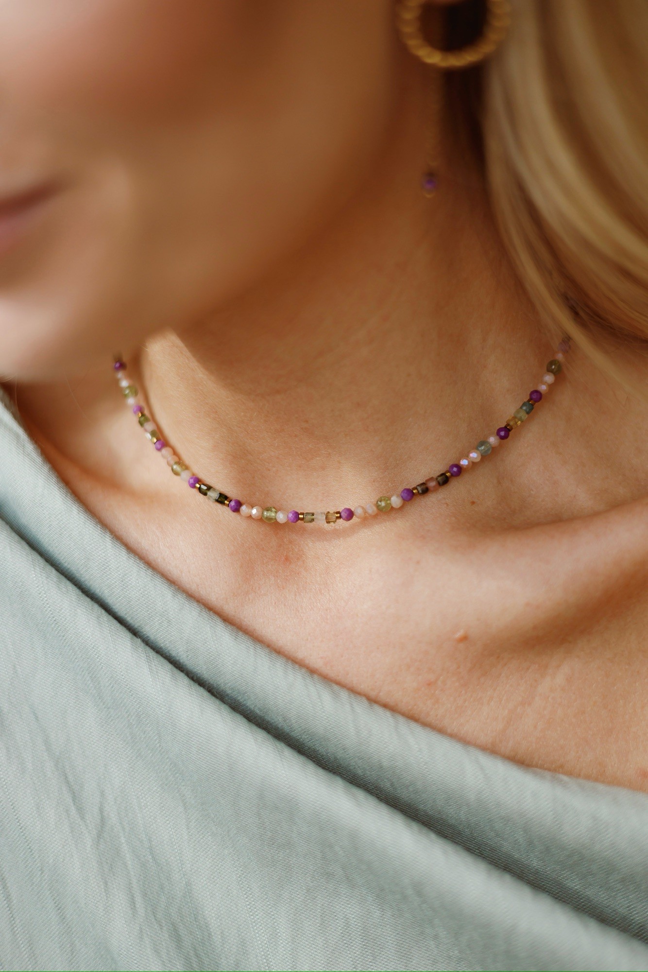 Naszyjnik typu choker Vitality – Fosfosyderyt, Kamień słoneczny, Turmalin kolorowy, Apatyt zielony