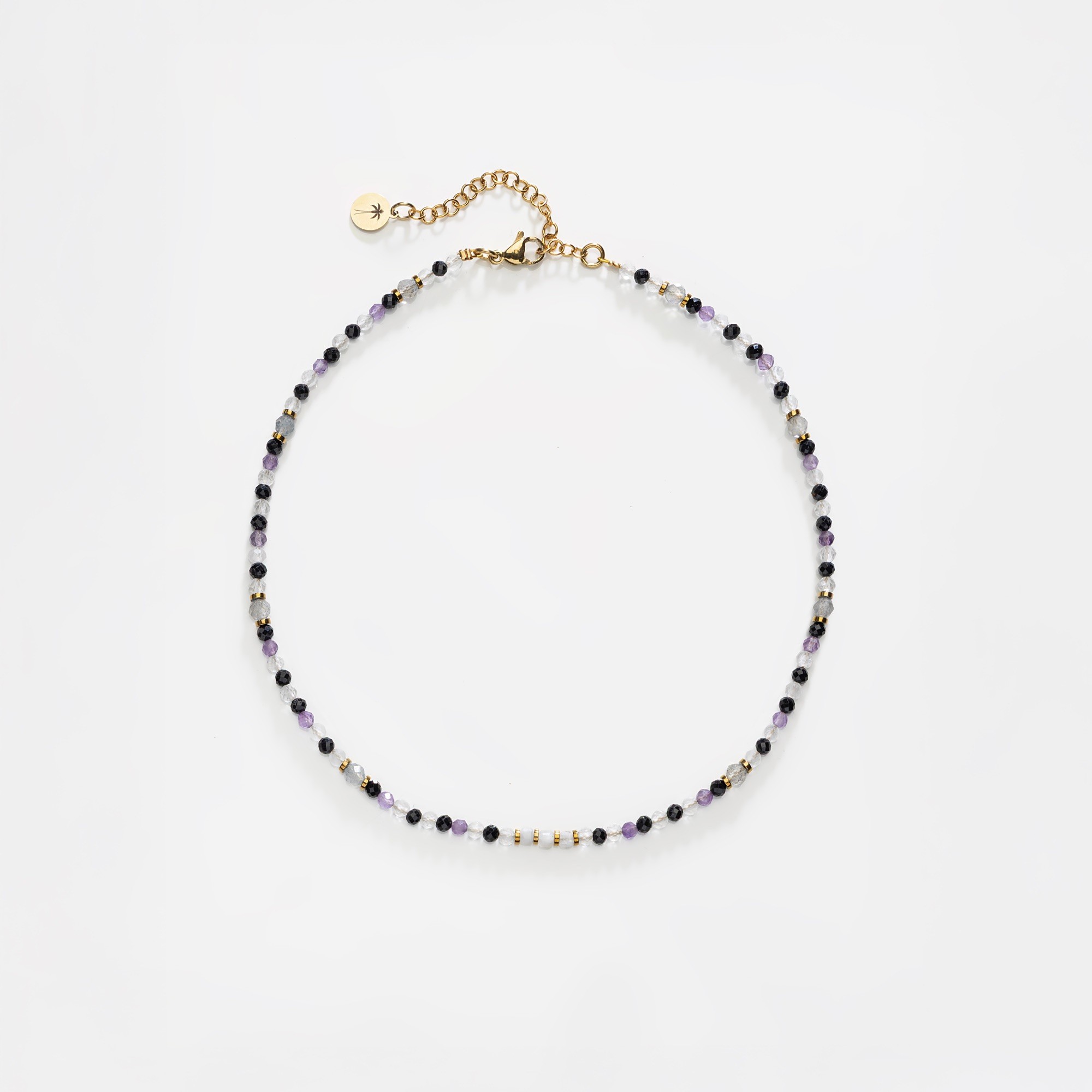 Naszyjnik typu choker New Moon – kamień księżycowy, turmalin, kryształ górski, ametyst, labradoryt