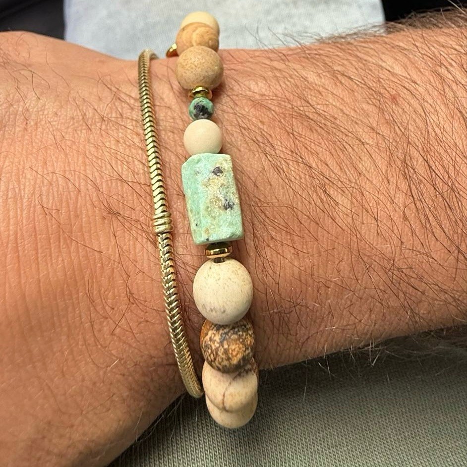 Bransoletka męska elastyczna – Turkus, Jaspis obrazkowy, Hematyt