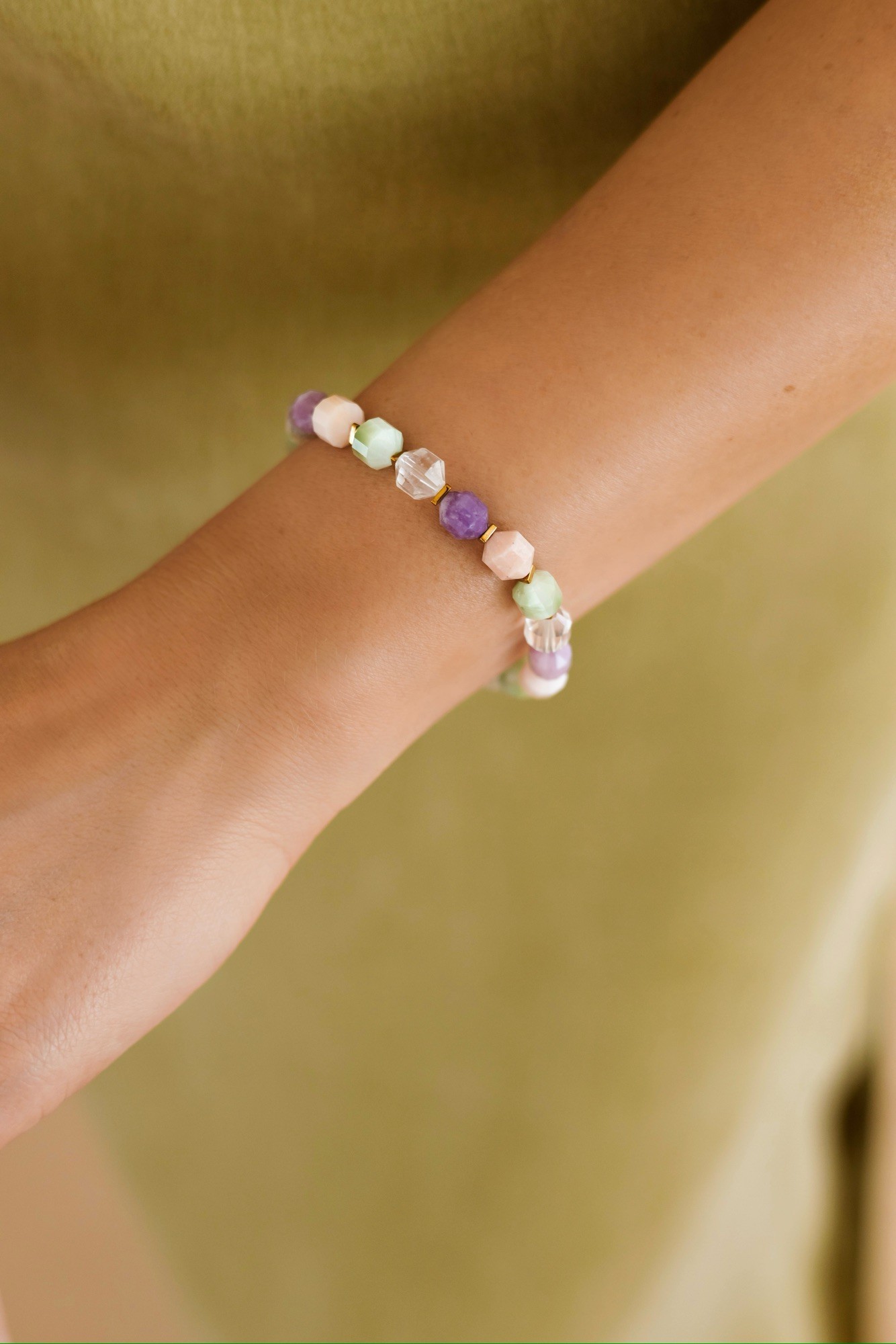 Bransoletka Pastel Mama – Kryształ górski, Lepidolit, Opal peruwiański, Kocie oko