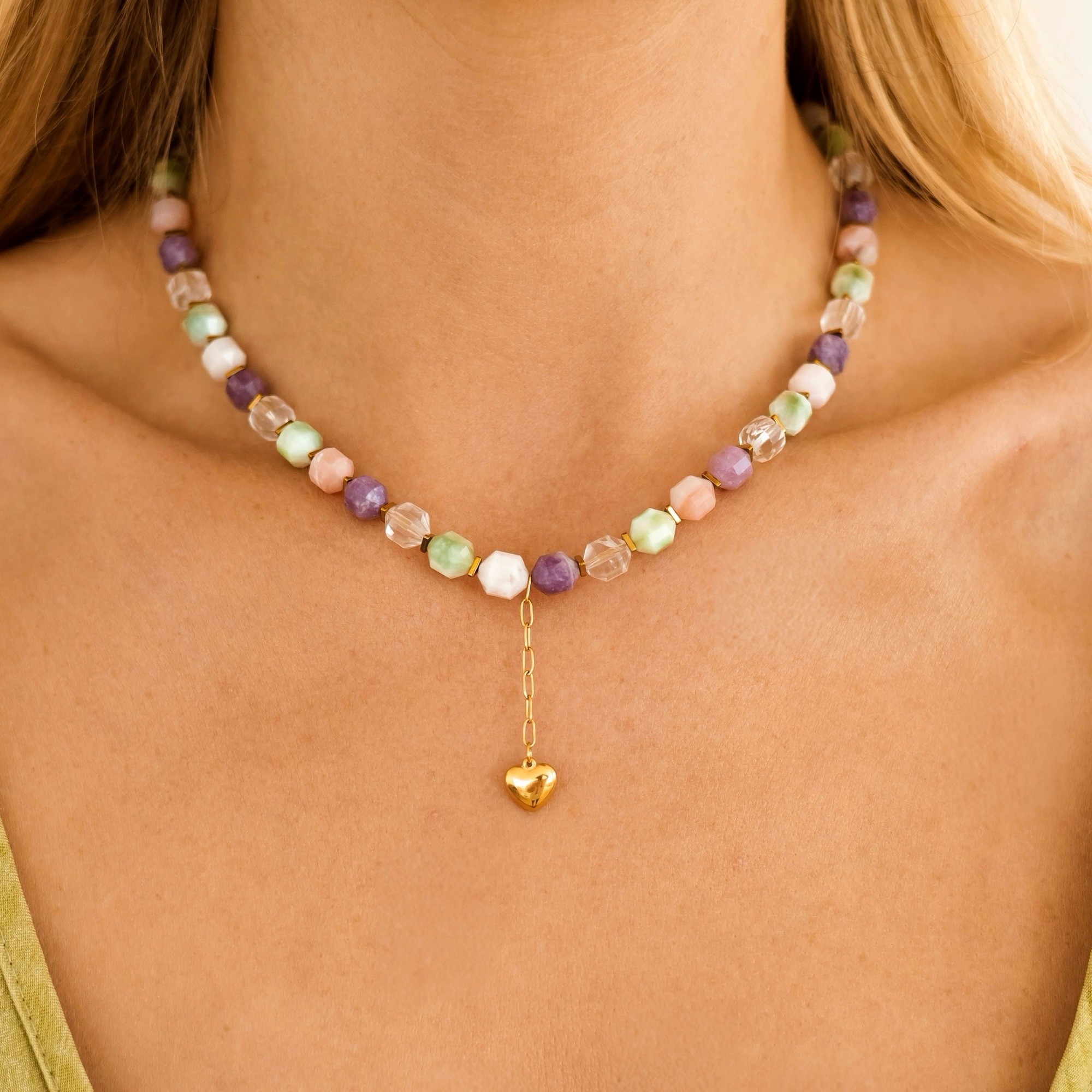 Naszyjnik Pastel Mama – Opal peruwiański, Lepidolit, Kryształ górski, Kocie oko