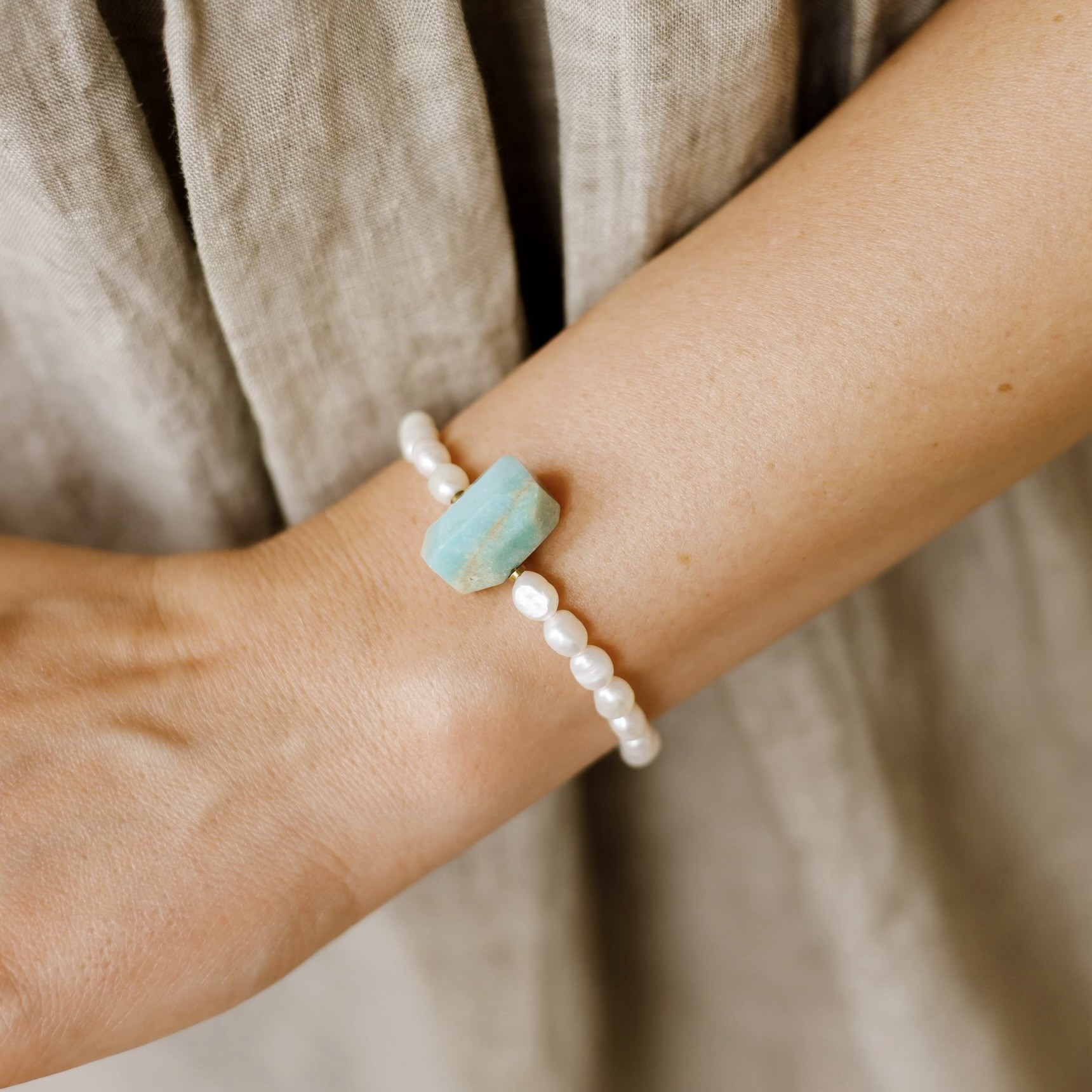 Bransoletka Ethnic pearl – perła słodkowodna, Amazonit