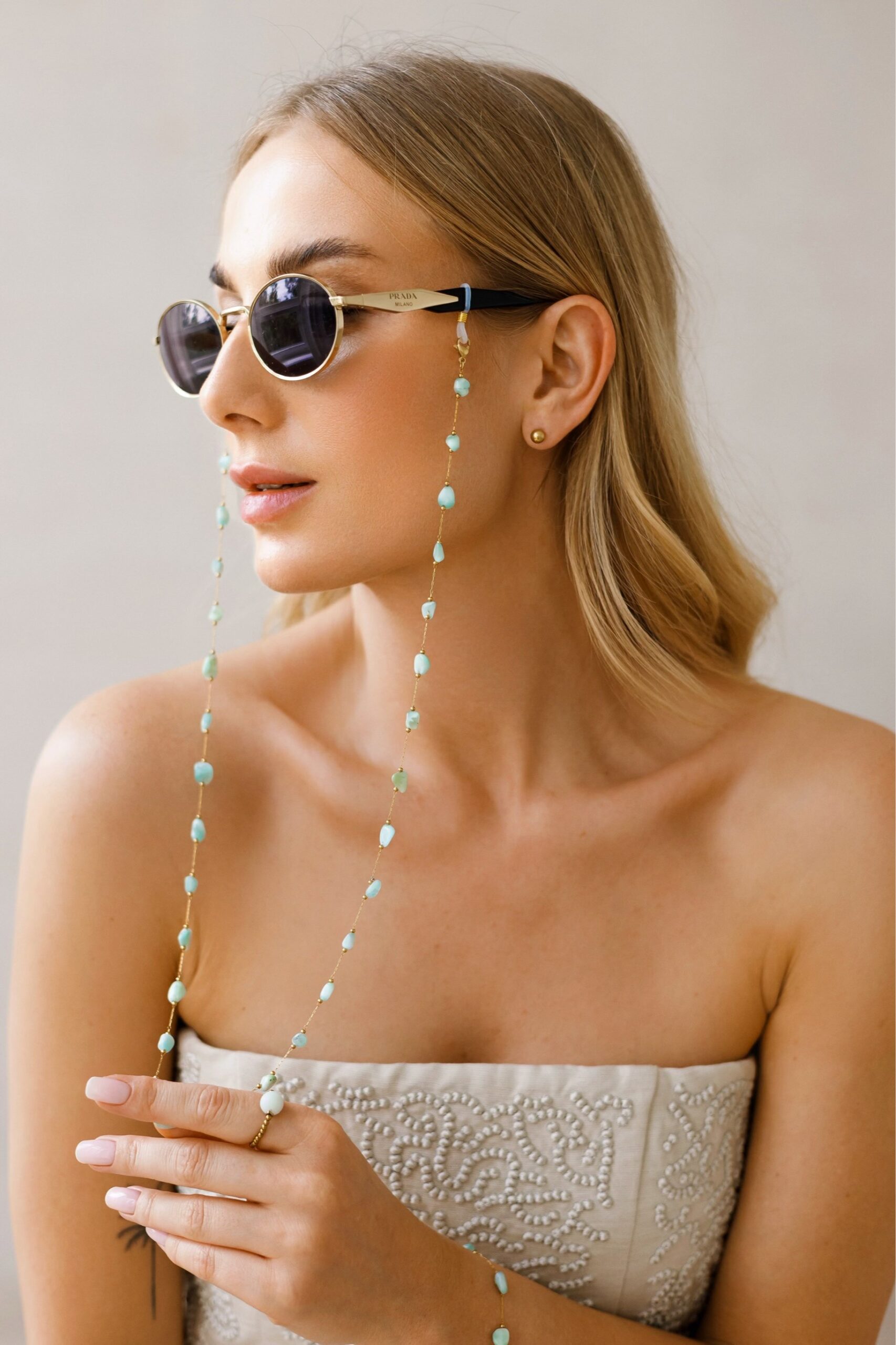 Łańcuszek do okularów / naszyjnik – Lea drop – Amazonit