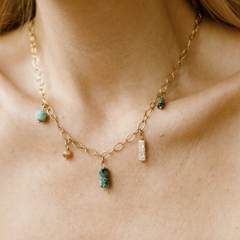 Naszyjnik Green wave chain - Turkus afrykański, Kamień słoneczny, Jaspis, Kamień rzeczny