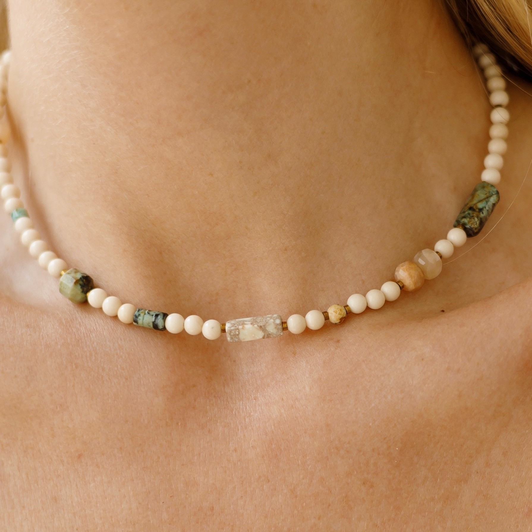 Naszyjnik Green wave – Kamień słoneczny, Turkus afrykański, Jaspis, Kamień rzeczny