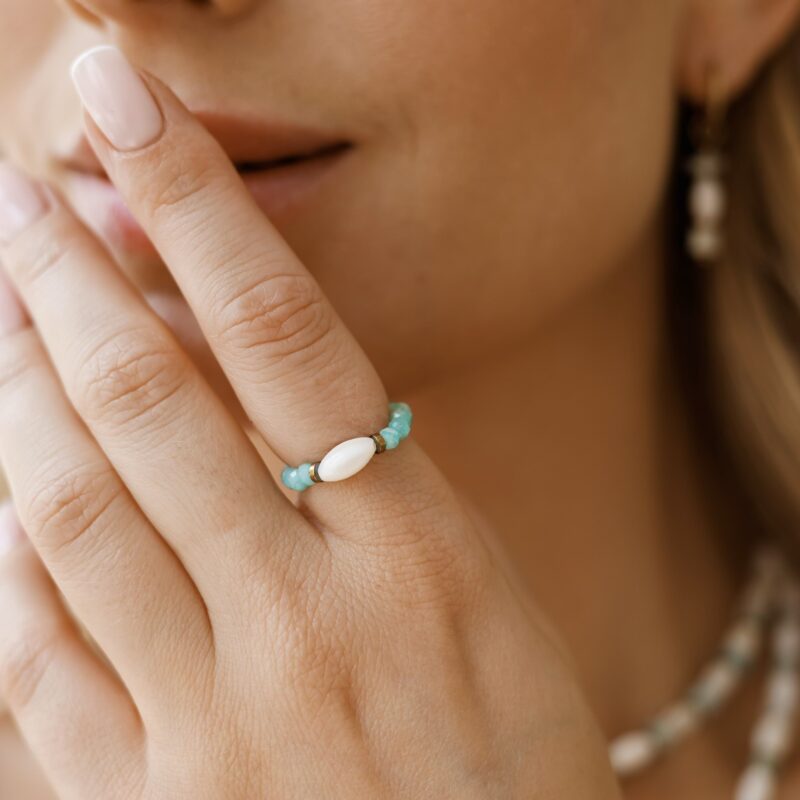 Pierścionek elastyczny Athens - Amazonit, masa perłowa Hematyt