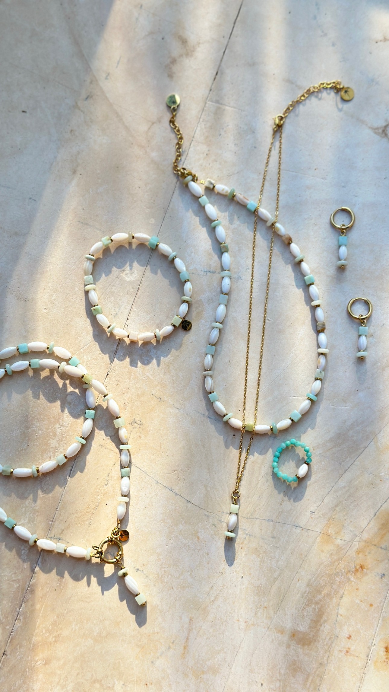 Pierścionek elastyczny Athens – Amazonit, masa perłowa Hematyt