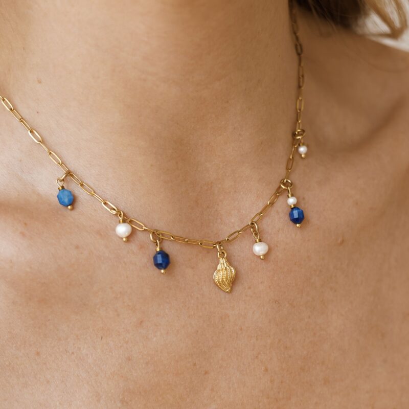 Naszyjnik Shell Coast - Kyanit niebieski, perła słodkowodna, stal szlachetna
