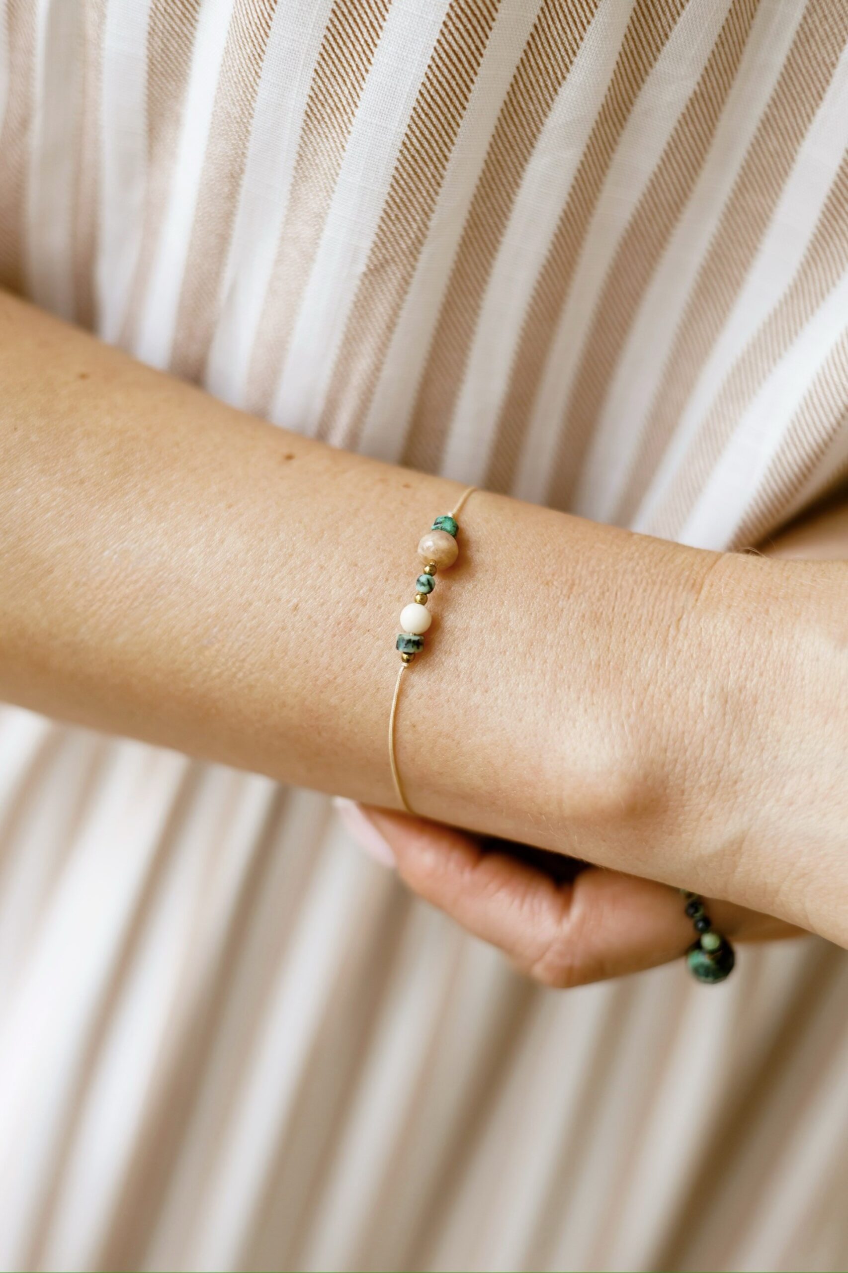 Bransoletka sznurkowa Green wave – Kamień słoneczny, Turkus afrykański, Kamień rzeczny