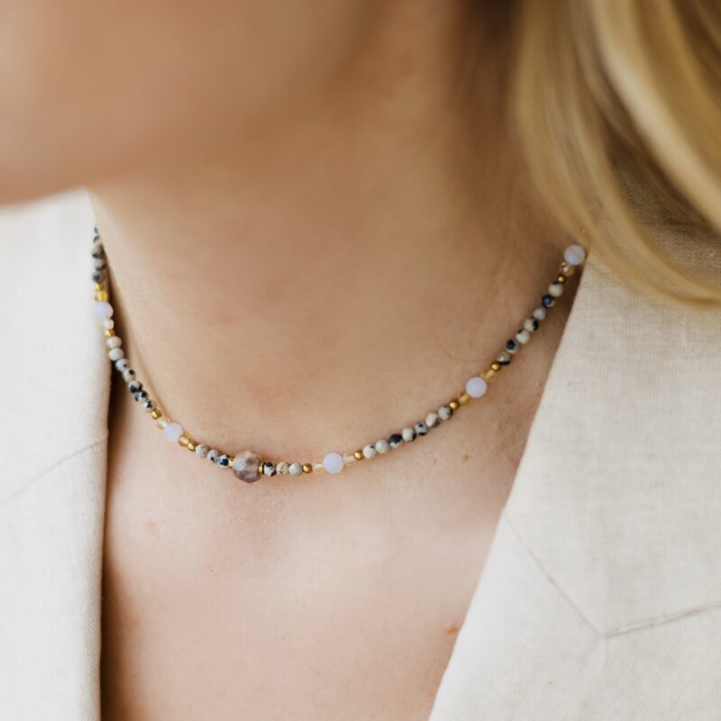 Naszyjnik typu choker Gaia - Kamień słoneczny, Jaspis Dalmatyński, Chalcedon, Cytryn