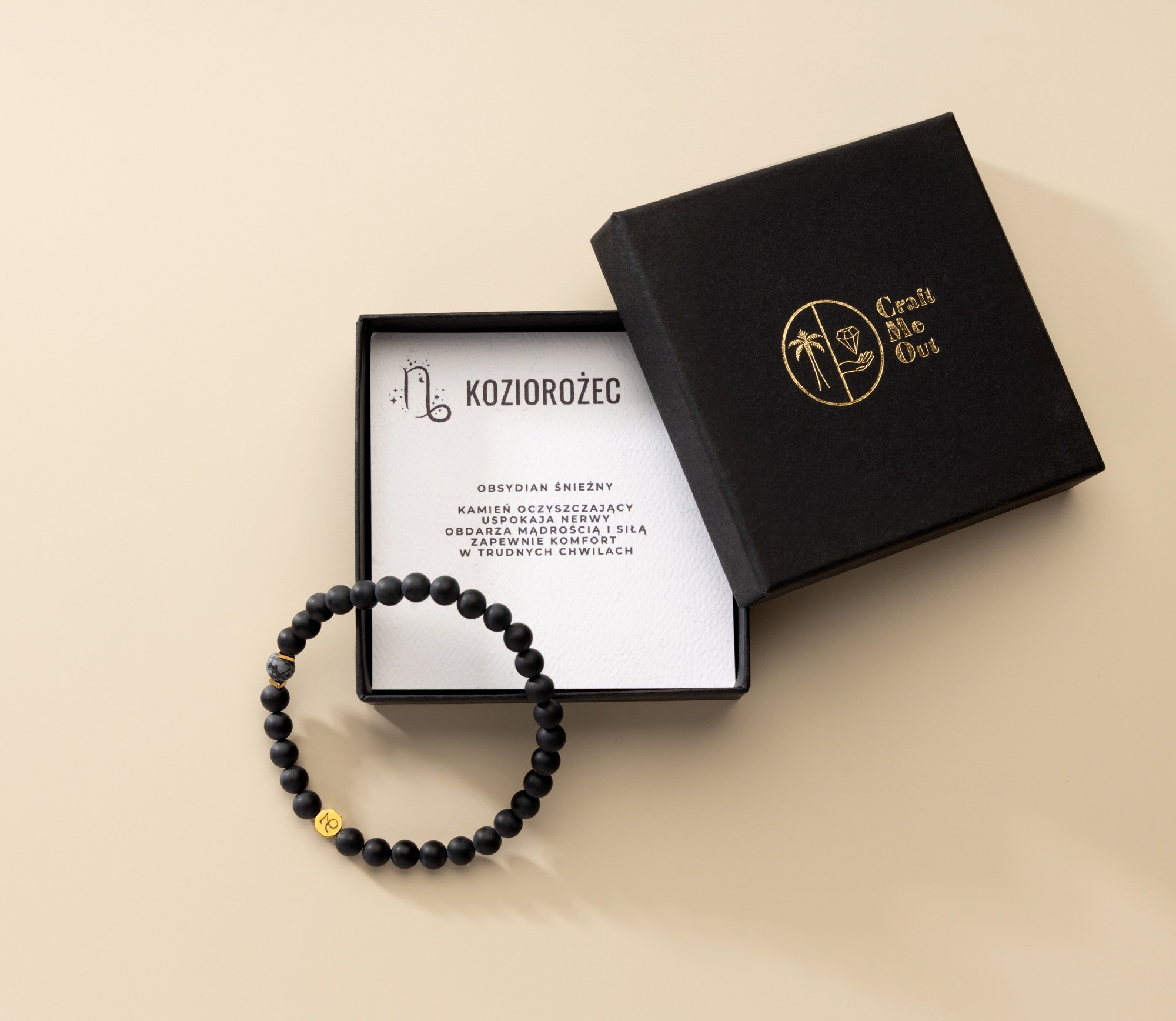 Bransoletka męska zodiakalna Koziorożec - Obsydian śnieżny