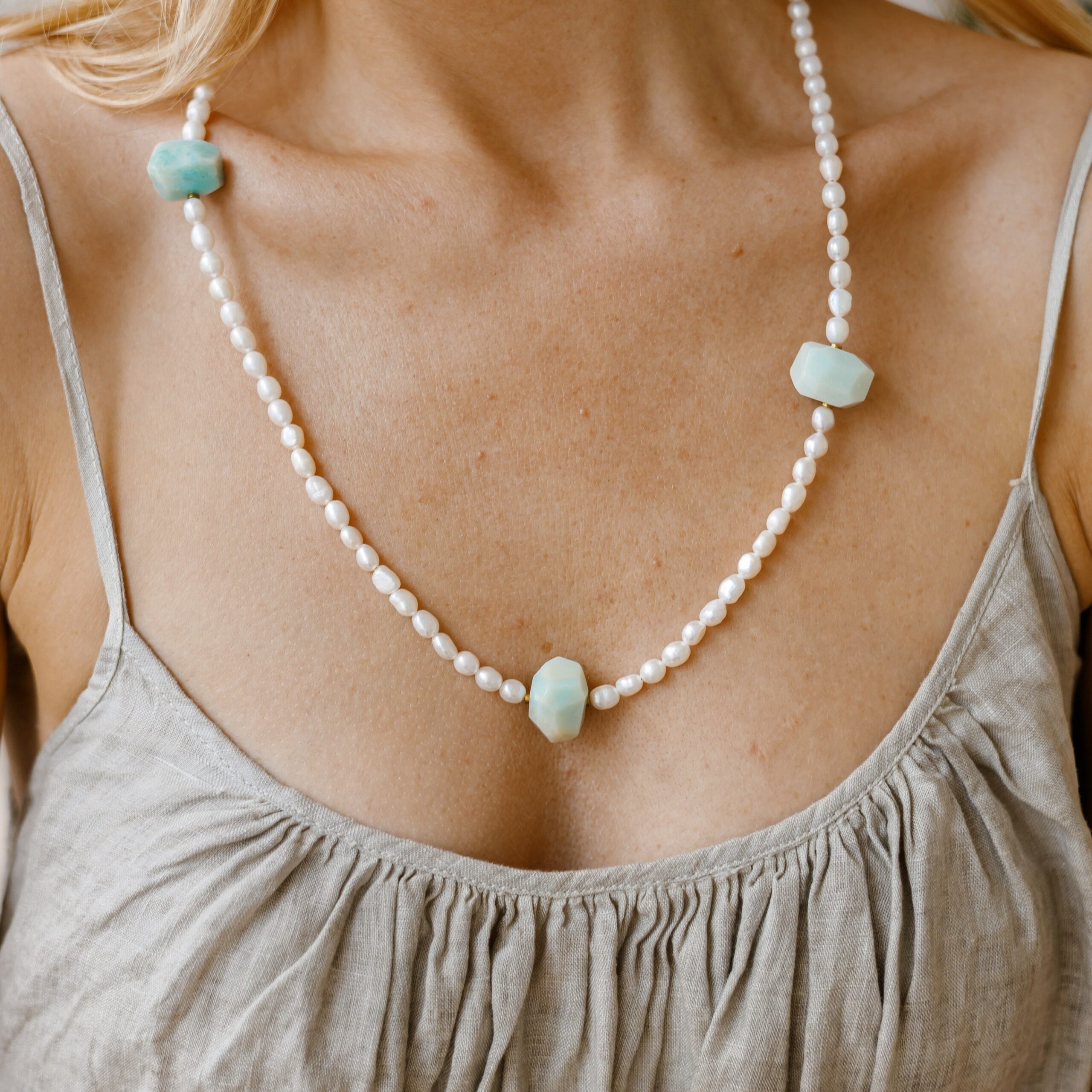 Naszyjnik Ethnic pearl long – perła słodkowodna, Amazonit