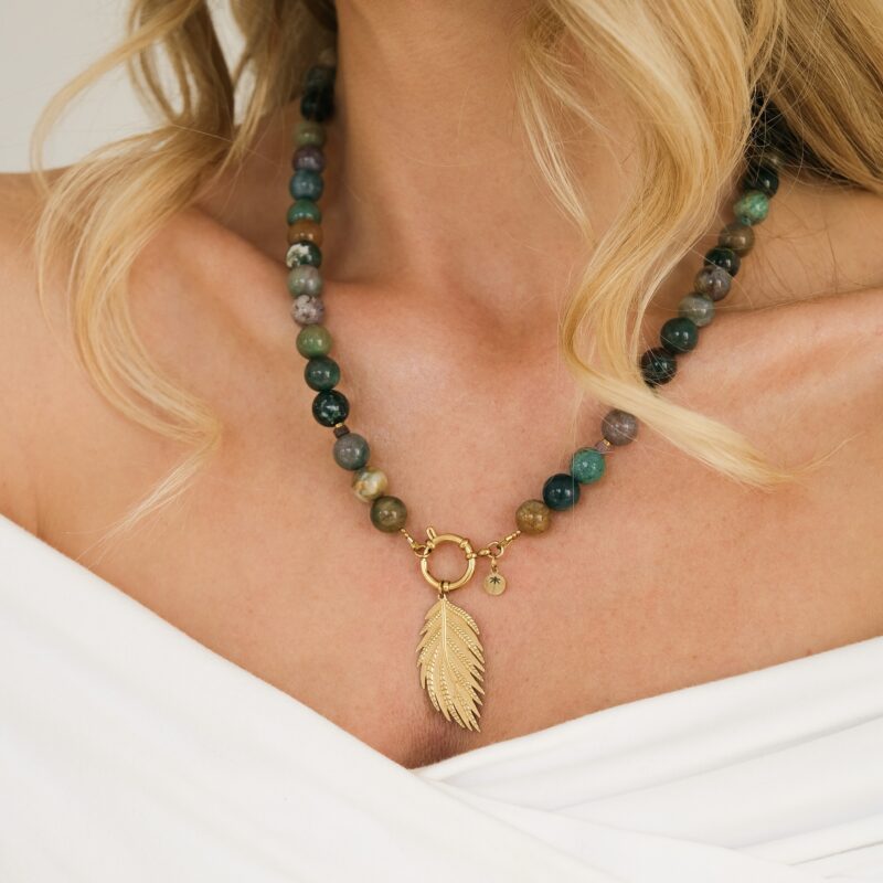 Naszyjnik Green Autumn - Agat Indyjski, stal szlachetna pozłacana