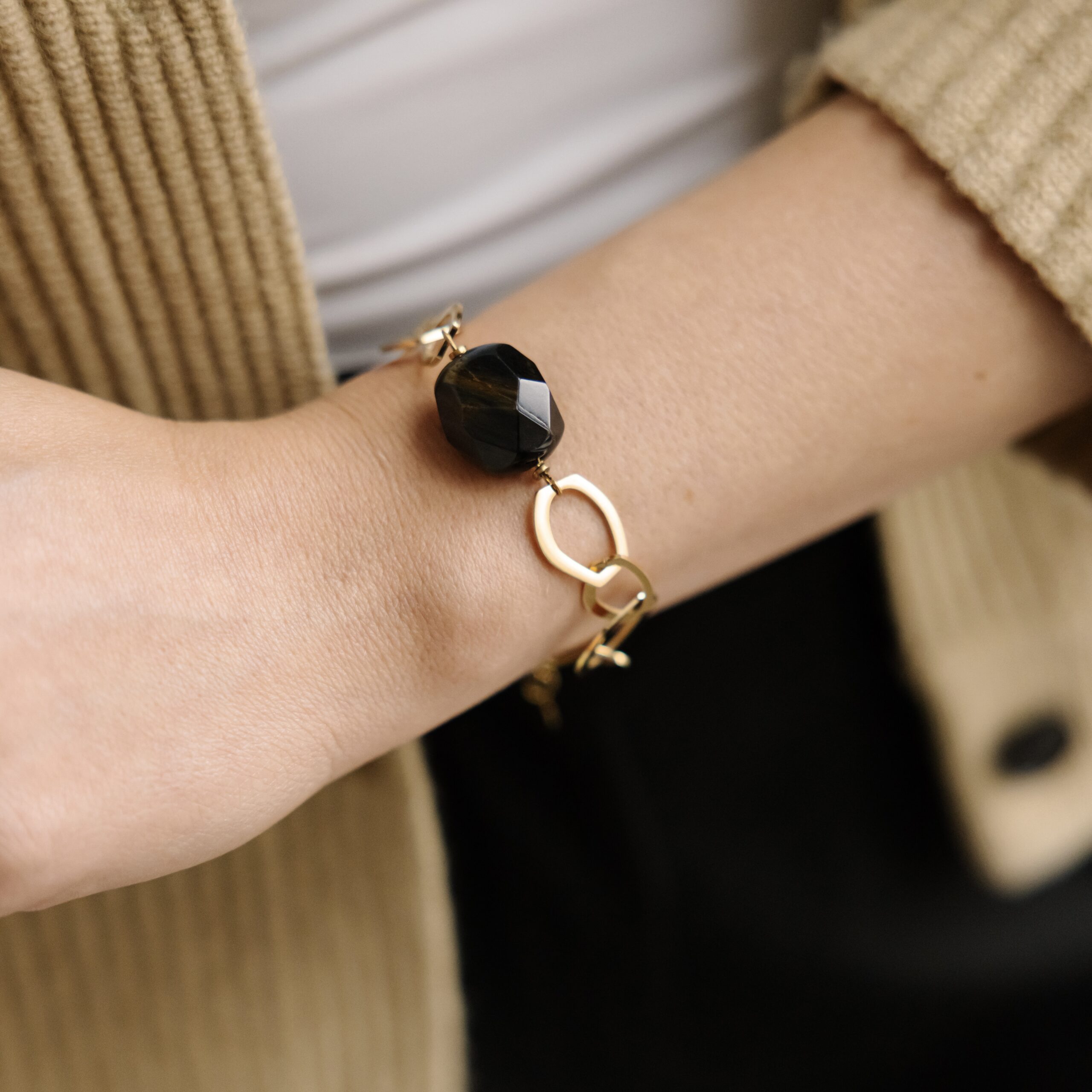 Bransoletka Aurora – Tygrysie oko, stal szlachetna pozłacana