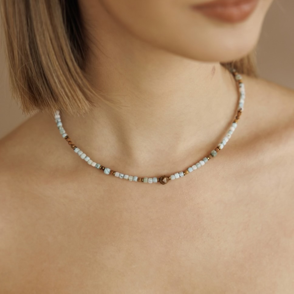 Naszyjnik typu choker Gili – Larimar, Jaspis obrazkowy, Hematyt