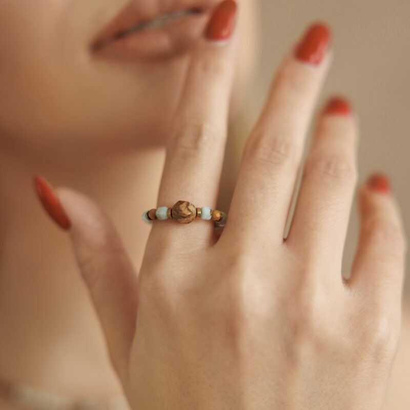 Pierścionek elastyczny Gili - Larimar, Jaspis obrazkowy, Hematyt