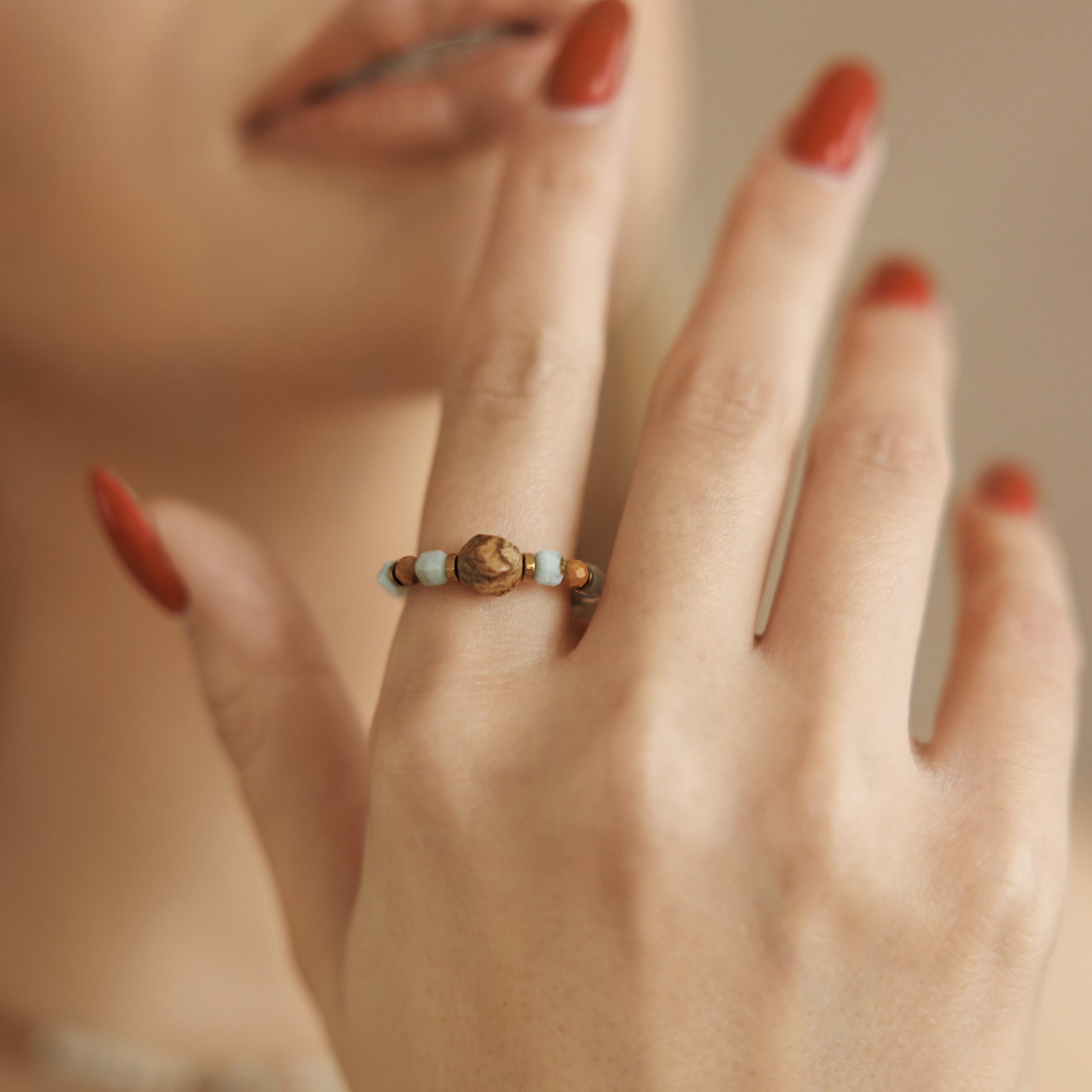 Pierścionek elastyczny Gili – Larimar, Jaspis obrazkowy, Hematyt