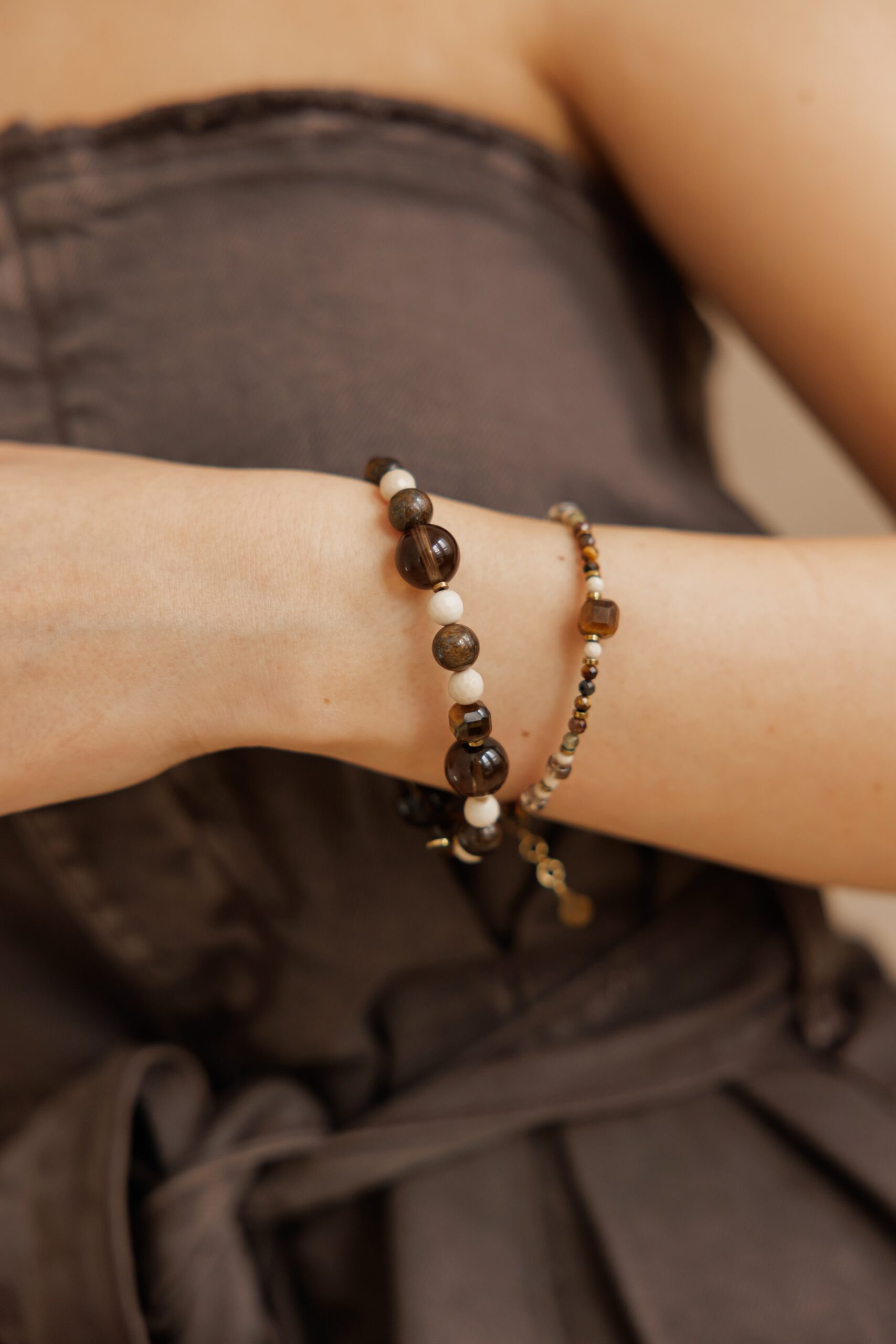 Bransoletka elastyczna Bromo – Tygrysie oko, Kamień rzeczny, Bronzyt, Hematyt