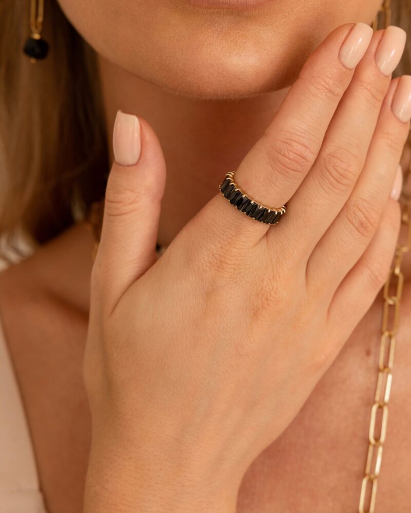 Pierścionek obrączka "Black Quartz" - Czarny Kwarc - stal szlachetna